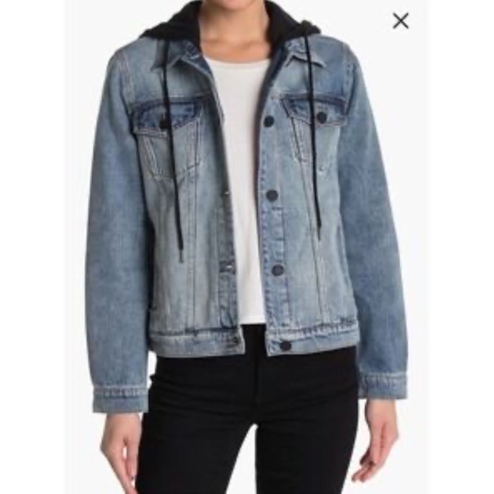 BLANK NYC Blue Denim Jean Jacket With Removable Black Hoodie Distressed Size XS